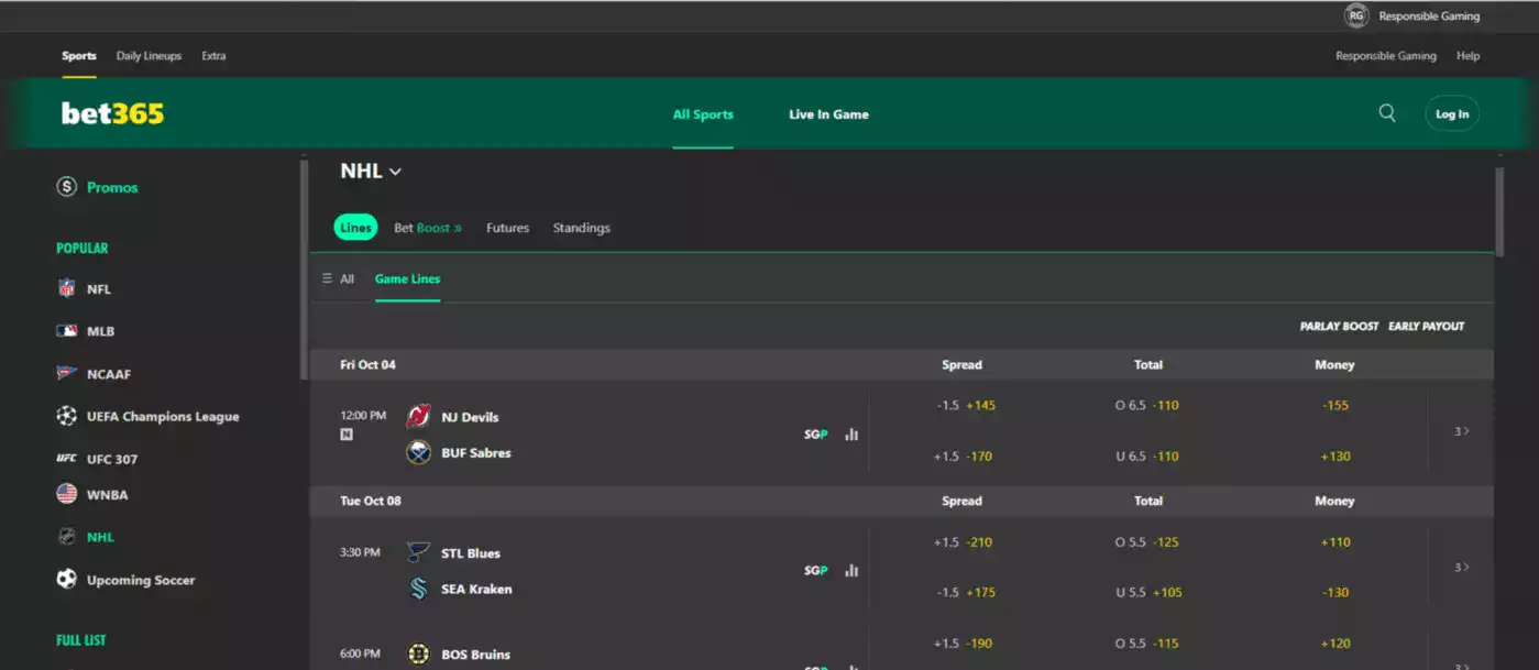 bet365 NHL Wettoberfläche mit Live-Quoten