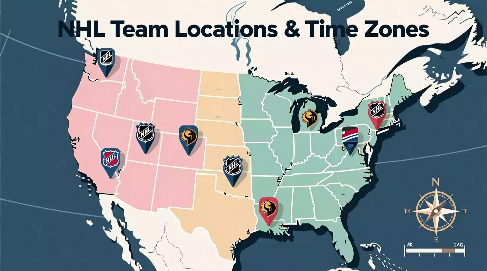 NHL Teams Zeitzonen Karte