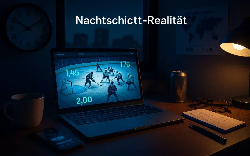 NHL Live-Wetten Nachtschicht - Arbeitsplatz Setup mit Zeitzonenunterschieden zwischen Deutschland und Nordamerika